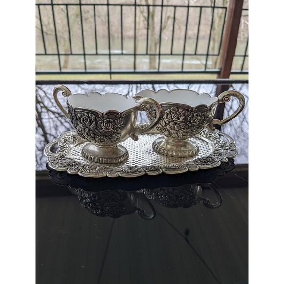 Silverplate Embossed Floral Vtg Sugar Bowl Creamer w Tray White Porcelain Rare - Picture 10 of 16